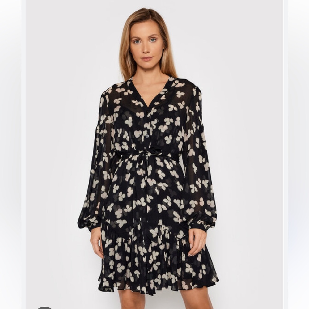 The Kooples “Naive Flowers” silk short dress with self belt and slip,